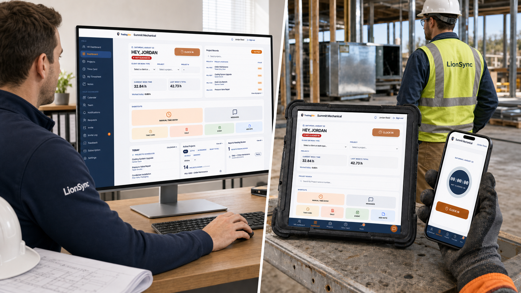 TradeLog Site used from an office desktop and on tablet and phone at a construction jobsite.