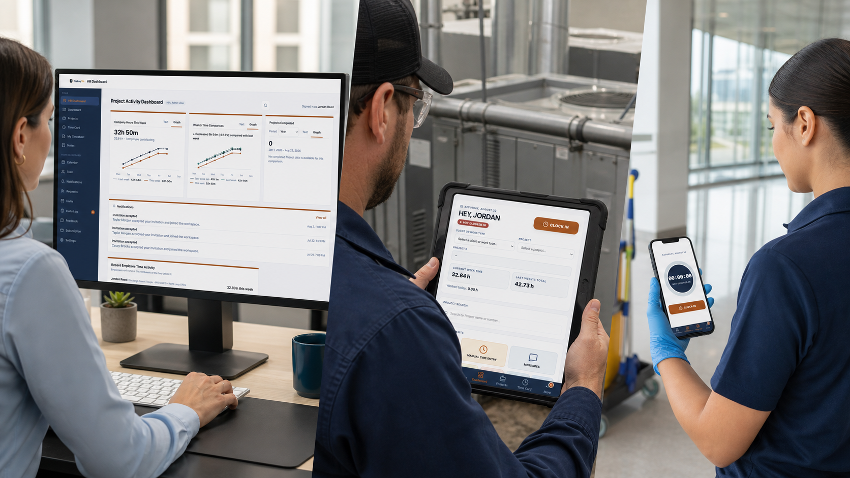 TradeLog Site HR Dashboard on an office monitor with the clock-in screen on a tablet and phone in the field.