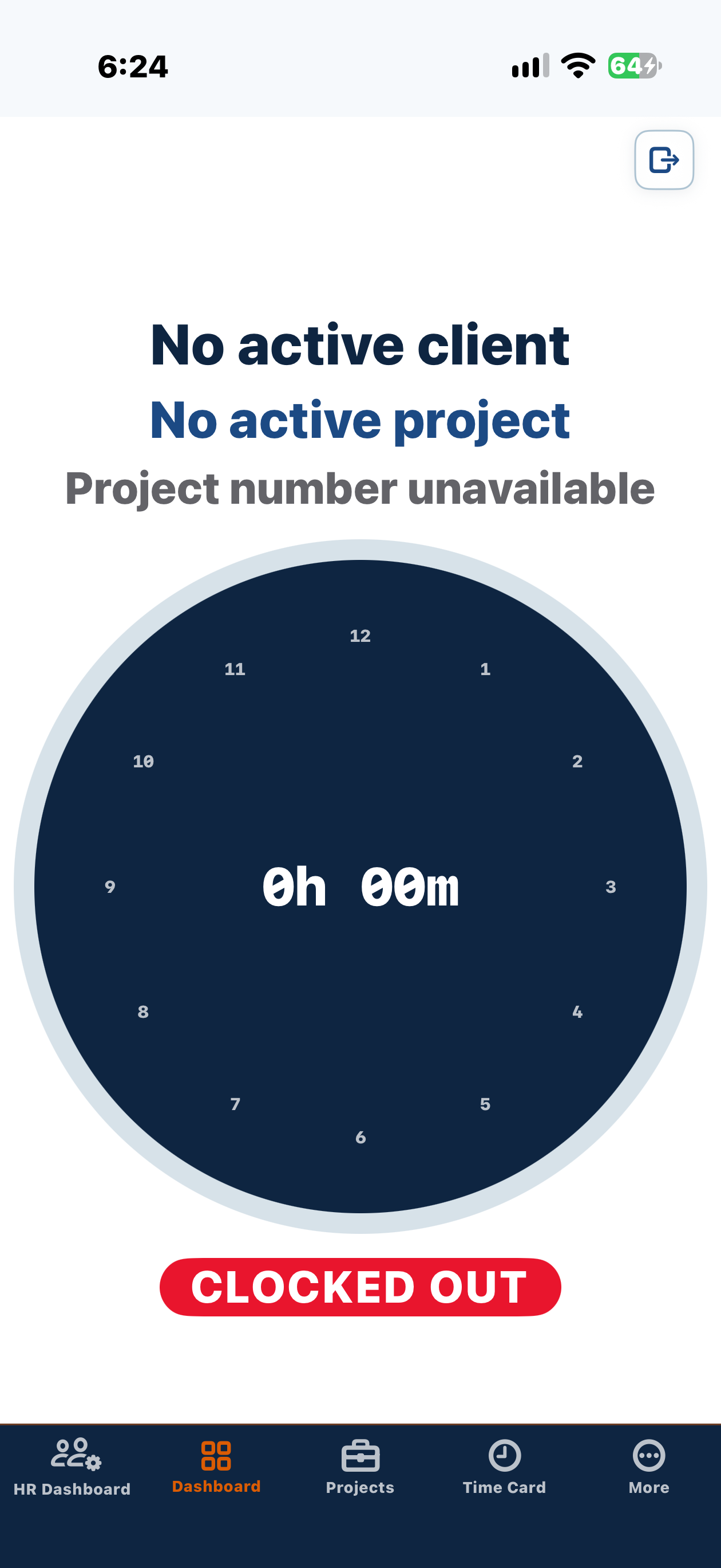 TradeLog Site time clock on a phone with the navy clock face and a Clocked out status.