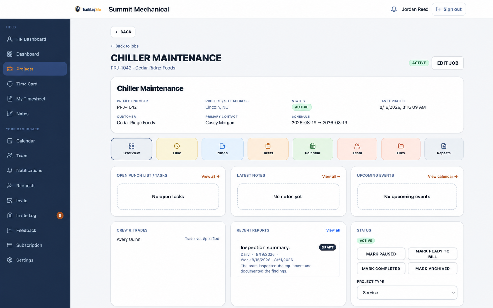 TradeLog Site Project workspace showing Project details, tasks, notes, team, reports and status controls.