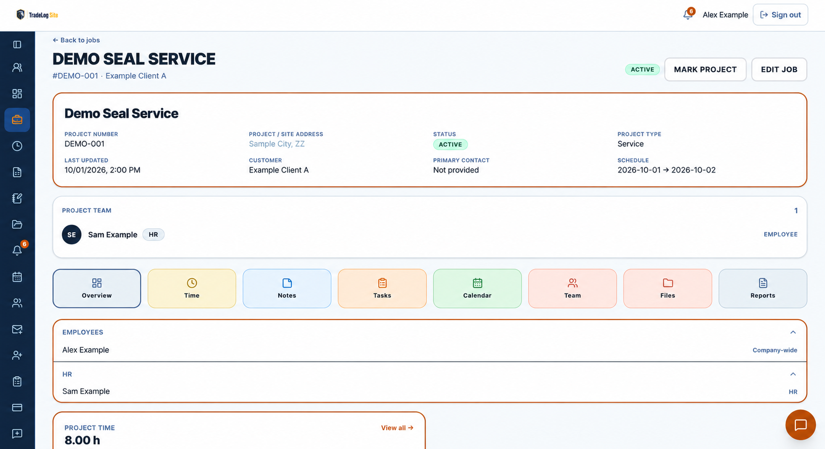 TradeLog Site Project workspace showing Project details, tasks, notes, team, reports and status controls.